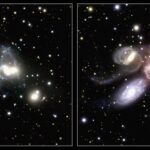 A sinistra, con colorazione rossastra, le regioni di formazione stellare di NGC 7320, la galassia più vicina. A destra le analoghe regioni nelle galassie più lontane.