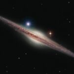 Una visione artistica della galassia ESO 243-49. Il buco nero HLX-1 è la macchia azzurra sulla sinistra della parte centrale della galassia