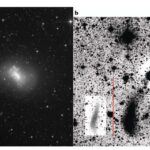 A sinistra: NGC 4449 ripresa con il telescopio da 28 pollici Centurion con posa di 3 ore. A destra: l'immagine elaborata al calcolatore di NGC 4449 dopo che è stata sottratta la luce prodotta dalla sue stelle più antiche. Viene così messa in risalto la strutturo dalla galassia compagna NGC 4449B che circa 100 miliondi di anni fa avrebbe interagito con il nucleo di NGC 4449. Crediti: Rich et al, Nature