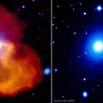 Questa immagine a falsi colori mostra la galassia M87. L'emissione ottica (SDSS) è mostrata in azzurro e bianco, mentre quella radio (LOFAR) in arancione e giallo. Al centro dell’emissione radio è presente una zona ad elevata brillanza, dovuta alla presenza del getto di particelle generato dal buco nero supermassivo.