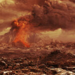 Visione artistica di un vulcano attivo su Venere. Crediti: ESA/OAES