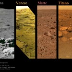 Una composizione di immagini da mondi diversi. Crediti composizione: Mike Malaska. mage Crediti immagini: Asteroide Itokawa [Hayabusa]: ISAS / JAXA / Gordan Ugarkovic; Luna [Apollo 17]: NASA; Venere [Venera 14]: IKI / Don Mitchell / Ted Stryk / Mike Malaska; Marte [Mars Exploration Rover Spirit]: NASA / JPL / Cornell / Mike Malaska; Titano [Cassini Huygens]: ESA / NASA / JPL / University of Arizona; Terra: Mike Malaska