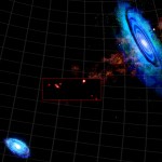 La regione compresa tra le galassie M31 (in alto a destra) e M33 (in basso a sinistra). Nel riquadro è indicata la ripresa ad alta risoluzione del radiotelescopio GBT che evidenzia le nubi di idrogeno scoperte. Crediti: Bill Saxton, NRAO/AUI/NSF.