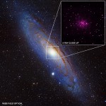 La Galassia di Andromeda al centro e nel riquadro in altro a desta i buchi neri presenti in essa. CREDIT: X-ray (NASA/CXC/SAO/R.Barnard, Z.Lee et al.), Optical (NOAO/AURA/NSF/REU Prog./B.Schoening, V.Harvey; Descubre Fndn./CAHA/OAUV/DSA/V.Peris)