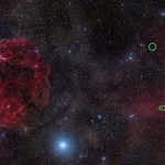 Immagine nella luce visibile della regione di cielo nella costellazione dell'Auriga dove il 2 novembre del 2012 il radiotelescopio di Arecibo ha identificato un lampo radio veloce. La posizione esatta è indicata dal circoletto in verde.© Rogelio Bernal Andreo (DeepSkyColors.com)