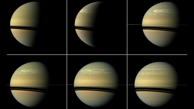 Una gigantesca tempesta si sviluppa sull’emisfero settentrionale di Saturno, nella serie di immagini raccolte dalla sonda NASA Cassini. Crediti: NASA / JPL-Caltech / SSI.