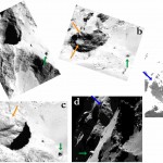 Il pit n&deg; 1 osservato da diverse angolazioni da OSIRIS. In tutte le immagini la freccia verde punta allo stesso masso e la freccia blu punta allo stesso crinale all&rsquo;interno del pit