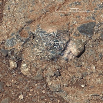 Un frammento di roccia ignea incastonato in un conglomerato roccioso presso il cratere Gale, su Marte, mostra feldspati di colore chiaro in forma di cristalli allungati. Sarebbero la traccia della crosta continentale marziana. Crediti: NASA / JPL-Caltech / LANL / IRAP / U. Nantes / IAS / MSSS.