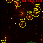 Le immagini nella banda dei raggi X (a destra, XMM-Newton) e ottica (a sinistra, telescopio BUSCA nella banda R) mostrano l&rsquo;eccezionale campo di SDSS J0959+1259. Le sorgenti rivelate sono indicate con dei cerchi gialli, mentre le linee tratteggiate indicano sorgenti non rivelate nei raggi X. Gli AGN nel campo sono src5, src1, src2 e src3. Il quinto AGN, src8 si trova a circa 8 minuti d'arco da src1 verso sinistra (Est) fuori dall&rsquo;immagine. Src4, src6 e src7 sono galassie con un&rsquo;intensa formazione stellare