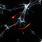 Vista simulata del buco nero supermassiccio (in rosso) al centro di una galassia distante, che risulta ingrandita per l&rsquo;effetto gravitazionale sulla luce prodotto da una galassia in primo piano (non rappresentata). Questo effetto &egrave; chiamato lente gravitazionale, o microlensing quando viene rilevato come piccole chiazze nel cielo. Crediti: per cortesia di A. Neronov, ISDC, University of Geneva, Switzerland