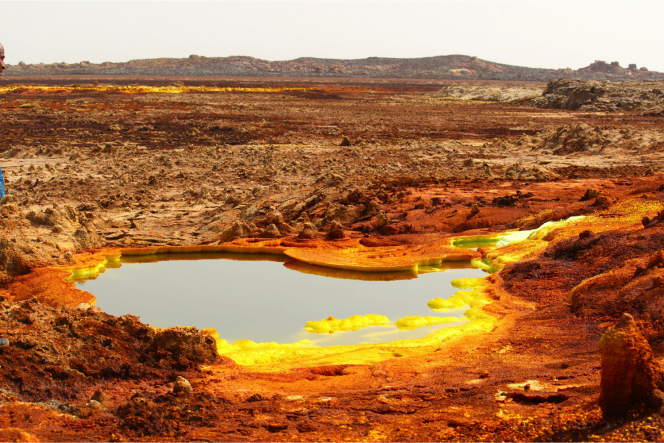 Sistema idrotermale nella depressione di Danakil. I depositi di colore giallo sono una varietà di solfati e le aree rosse indicano depositi di ossidi ferrosi. Crediti: Felipe Gomez/Europlanet 2020 RI