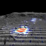 Vista prospettica del cratere Occator su Cerere con sovrapposti i dati acquisiti dallo spettrometro VIR. In rosso le zone con maggiore abbondanza di carbonati, in grigio quelle con minori concentrazioni. Crediti: INAF/ASI/NASA/DLR/MPS. Immagini realizzate da A.Frigeri-IAPS-INAF