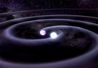 L'avvicinamento di due nane bianche in un sistema binari produce onde gravitazionali. Visione d'artista realizzata dalla NASA