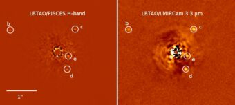 Vista del sistema planetario attorno alla stella HR8799 osservato dal telescopio LBT in due differenti lunghezze d'onda nell'infrarosso. Sulla sinistra, nella banda H (a 1.65 micron), a destra, in una banda più stretta centrata a 3.3 micron, che è sensibile a fenomeni di assorbimento dovuti alla presenza di metano. Tutti e quattro i pianeti sono visibili. Questa è la prima volta che il pianeta più interno, denominato HR8799e è stato ripreso a entrambe le lunghezze d'onda.