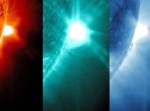 Tre immagini del brillamento solare avvenuto il 19 luglio scorso riprese dagli strumenti a bordo del Solar Dynamic Observatory della NASA. Le riprese sono state tutte effettuate nella banda della radiazione ultravioletta, alle lunghezze d'onda (da sinistra a destra) di 30, 13 e 33 nanometri
