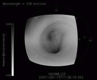 Il complesso moto del vortice del polo sud di Venere ripreso da VIRTIS. Crediti: ESA/VIRTIS-VenusX/INAF-IAPS/LESIA-Obs. Paris (G. Piccioni)