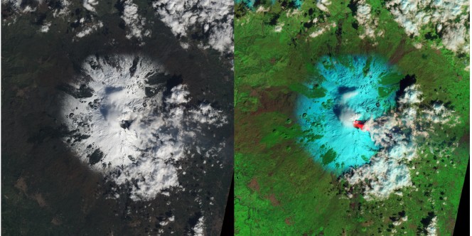 Le immagini dell'Etna scattate da EO-1 della NASA a poche ore dall'eruzione. L'immagine è del NASA Earth Observatory (Jesse Allen and Robert Simmon) dai dati dello strumento ALI.