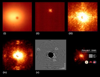 In queste immagini, il procedimento seguito per ottenere gli spettri. (i) il telescopio punta la stella: si può notare l’ombra del coronografo; (ii) viene attivato il sistema di ottica adattiva, e l’immagine diventa molto più nitida; (iii) la stella viene occultata dal coronografo e si dà inizio a un’esposizione di 5 minuti; (iv) viene calibrato il sensore di fronte d’onda, che permette la rimozione degli effetti dovuti a difetti delle ottiche; (v) i dati vengono processati da un algoritmo sviluppato ad hoc, ed emergono chiaramente i quattro pianeti.