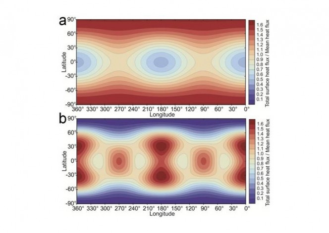 Due mappe di distribuzione del calore sulla superficie di Io ottenute con due diversi modelli teorici di riscaldamento per forze mareali (rosso zone calde, blu zone più fredde).  Crediti: NASA/Christopher Hamilton