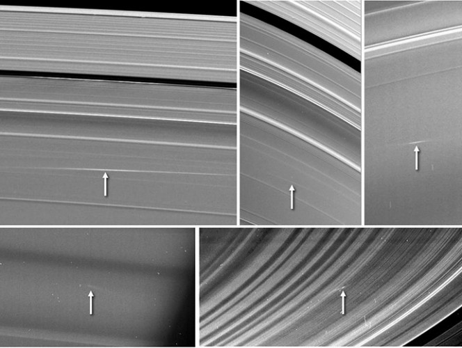Alcuni impatti tra gli anelli di Saturno osservati nel 2009 e 2012 dalla sonda Cassini-Huygens. Crediti: NASA/JPL-Caltech/Space Science Institute/Cornell