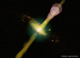 Rappresentazione di una galassia Gamma-ray Narrow-Line Seyfert 1. Crediti: Luigi Foschini, INAF-OA Brera
