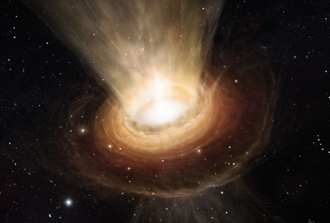 Questa rappresentazione artistica mostra i dintorni del buco nero supermassiccio al centro della galassia attiva NGC 3783 nella costellazione australe del Centauro. Nuove osservazioni con il VLTI (Interferometro del VLT) all'Osservatorio del Paranal dell'ESO in Cile hanno mostrato non solo il toroide di polvere calda intorno al buco nero, ma anche un vento di materia fredda nelle regioni polari. (Crediti: ESO/M. Kornmesser)