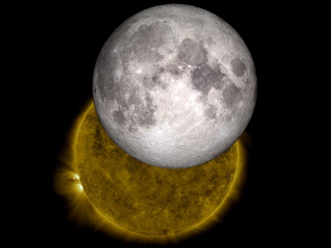 Una immagine della Luna che passa davanti al Sole realizzata con i dati di SDO e LRO. Crediti: NASA/SDO/LRO/GSFC