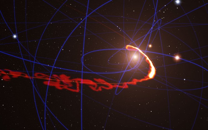 Questa simulazione di una nube di gas che passa vicino al buco nero supermassiccio al centro della Galassia mostra la situazione a metà del 2013. (Crediti: ESO/S. Gillessen/MPE/Marc Schartmann)