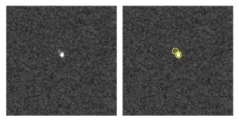 Immagine composita da New Horizons di Plutone e della sua luna maggiore, Caronte. Nel riquadro a destra i due corpi sono cerchiati e Plutone è ovviamente l’oggetto più luminoso verso il centro dell’immagine. Crediti: NASA/Johns Hopkins University Applied Physics Laboratory/Southwest Research Institute