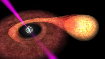 Visione artistica di un sistema binario composto da una pulsar e una stella di piccola massa (Crediti: ESA)