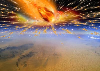 Riproduzione di come si possa essere verificata l'esplosione di una cometa sopra i cieli del Sahara di 28 milioni di anni fa. Crediti: Terry Bakker