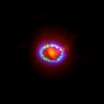 L'immagine mostra i resti della Supernova 1987A in differenti lunghezze d'onda di luce. ALMA in rosso l'appena formata polvere al centro, Hubble in verde e Chandra in blu i resti in espansione