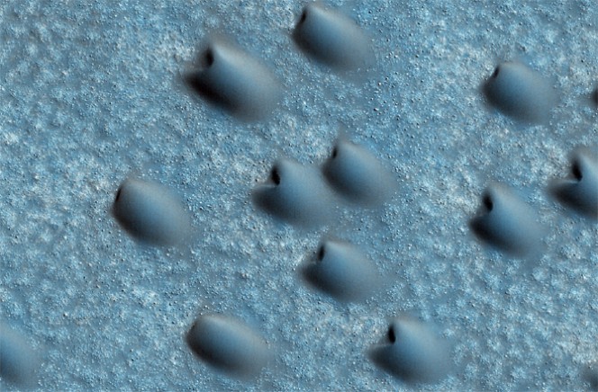 Questa particolare tipologia di dune può assomigliare a un branco di pesci con la bocca aperta. È un gruppo di dune a mezzaluna nel Polo Nord mariziano. Crediti: NASA/JPL-CALTECH/UNIVERSITY OF ARIZONA