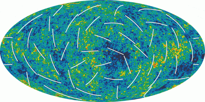 In questa mappa della radiazione di fondo cosmico, le barre bianche indicano la direzione della polarizzazione della luce più antica nell’universo. Crediti: NASA/WMAP Science Team