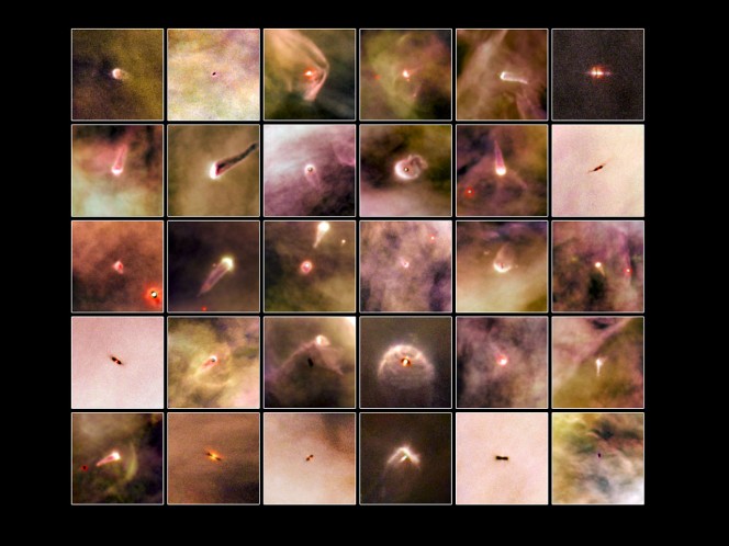 Un fotomontaggio con 30 proplyd nella Nebulosa di Orione. Crediti: NASA/ESA and L. Ricci