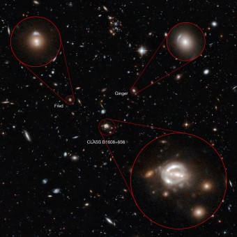 Nell'immagine sono evidenziate ed ingrandite le tre lenti gravitazionali denominate Ginger, Fred e CLASS B1608+656. Crediti: NASA/ESA