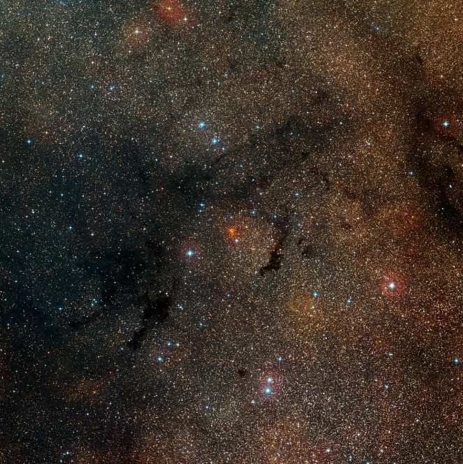 Panoramica del cielo intorno all'ammasso stellare Westerlund 1. Crediti: ESO/Digitized Sky Survey 2; acknowledgment: Davide De Martin