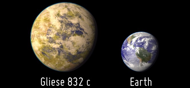 Rappresentazione artistica della Super Terra Gliese 832C, affiancata per dimensioni al nostro Pianeta. Crediti: Planetary Habitability Laboratory, Università del Puerto Rico, Arecibo, NASA / Hubble / Stellarium.