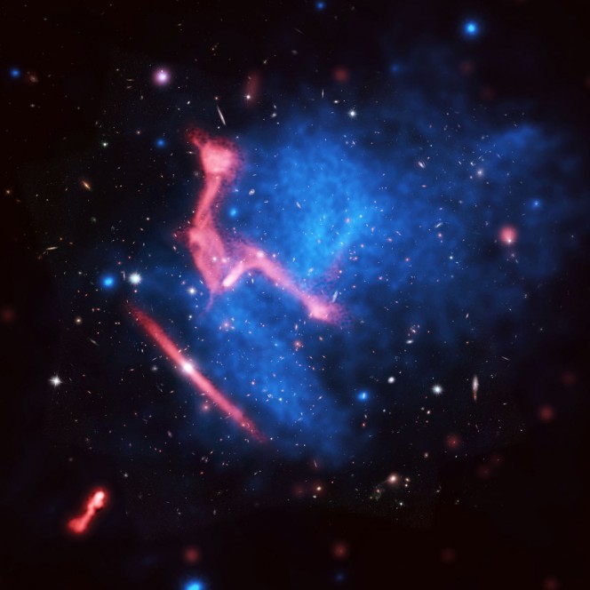 MACS J0717+3745, un insieme di ammassi di galassie in collisione fra loro, ripreso in visibile da HST, in X da Chandra (blu) e in radio dal VLA (rosso). Crediti: Van Weeren, et al.; Bill Saxton, NRAO/AUI/NSF; NASA.