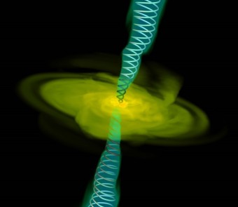 Simulazione al computer di un gas (in giallo) che precipita in un buco nero (troppo piccolo per essere visto). Per i due getti emessi dal buco nero sono indicate anche le linee del campo magnetico. Crediti: Alexander Tchekhovskoy (LBNL)