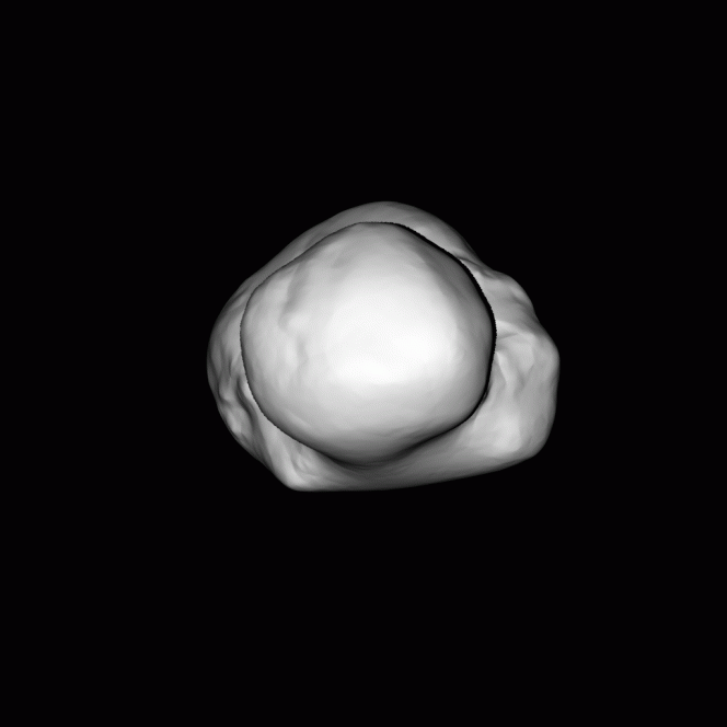 Animazione tridimensionale del modello di nucleo della cometa 67P/Churyumov-Gerasimenko ottenuto sulla base delle immagini catturate dalla camera OSIRIS il 14 luglio 2014. La rotazione completa del nucleo attorno al suo asse enfatizza la struttura a doppio lobo già osservata nelle immagini.  credits: ESA/Rosetta/MPS for OSIRIS Team MPS/UPD/LAM/IAA/SSO/INTA/UPM/DASP/IDA