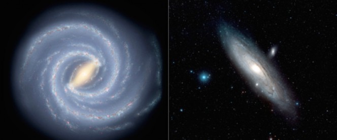 Credit:  Via Lattea: NASA/JPL-Caltech / Andromeda image: ESA/Hubble & Digitized Sky Survey 2, Davide De Martin
