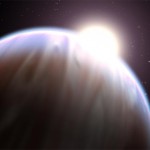 Una visione d’artista del pianeta extrasolare HD 189733b, con la sua stella “madre” che spunta da sopra il limite superiore. Gli astronomi nel 2008 hanno usato il telescopio spaziale Hubble per individuare il metano e il vapore acqueo su questo gigante gassoso osservando come la luce della stella ospite fosse filtrata dall’atmosfera del pianeta