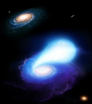 Nana bianca risucchiata da una stella di neutroni. Sullo sfondo, l'ormai remota galassia di origine. Crediti per la rappresentazione artistica:  Mark A. Garlick / space-art.co.uk / University of Warwick
