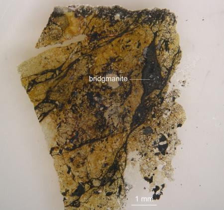 Un campione del meteorite Tenham di 4,5 miliardi di anni che contiene cristalli submicrometrici di bridgmanite. Crediti: Chi Ma / Caltech
