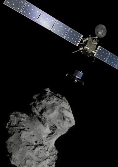 Un'immagine che ritrae insieme i protagonisti dell'impresa: Rosetta, Philae e la cometa 67/P.  Credits ESA/ATG medialab; per l'immagine della cometa è stata usata una foto scattata dalla camera a largo angolo a bordo della sonda ESA/Rosetta/Navcam