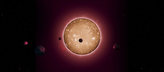 Il Sistema Solare di Kepler-444 in un'animazione a computer. Orbitano a una distanza inferiore a un quinto di quella percorsa da Mercurio attorno al nostro Sole.