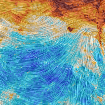 Immagine ottenuta tramite Planck della porzione di cielo osservata da BICEP2. La scala cromatica rappresenta le emissioni dalla polvere, mentre le linee indicano l’orientamento del campo magnetico galattico, rilevato misurando la direzione della luce polarizzata emessa dalla polvere. L’area tratteggiata identifica una piccola regione di cielo osservata da BICEP2 e dal Keck Array, due esperimenti situati al Polo Sud, nella quale era stata ipotizzata una possibile presenza dei “modi B” primordiali. L’intera immagine copre un’area di cielo di 60° di lato. Crediti: ESA / Planck Collaboration 