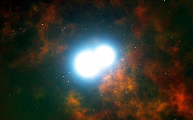 Rappresentazione artistica che mostra la zona centrale della nebulosa planetaria Henize 2-428. Il nucleo di questo oggetto singolare è formato da due nane bianche che piano piano si avvicineranno l'una all'altra fondendosi entro 700 milioni di anni. Questo evento produrrà una spettacolare supernova di tipo Ia e distruggerà entrambe le stelle. Crediti: ESO/L. Calçada