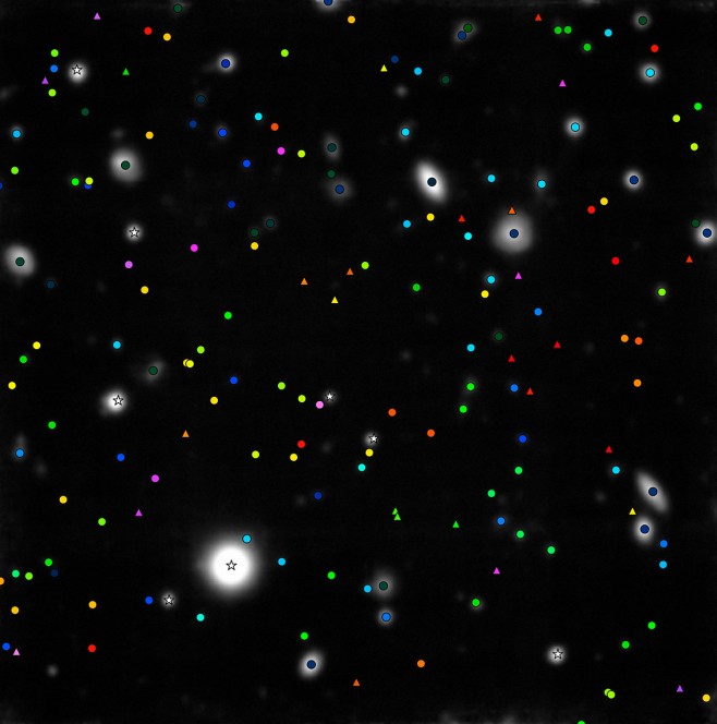 In questa figura gli oggetti per cui MUSE ha potuto misurare la distanza sono indicati con simboli colorati: le stelle bianche indicano le deboli stelle della Via Lattea, mentre tutto il resto sono galassie distanti. I cerchi mostrano gli oggetti che appaiono anche nelle immagini Hubble di questo campo, i triangoli rappresentano i nuovi oggetti, più di 25, scoperti nei dati di MUSE, che non si vedono nella foto di Hubble. Gli oggetti blu sono relativamente più vicini, mentre i verdi e i gialli più lontani, fino ai viola e rosa che sono galassie viste quando l'Universo aveva meno di un miliardo di anni. MUSE ha misurato la distanza di un numero più di dieci volte maggiore di galassie in questo campo di quanto fosse stato fatto finora. Crediti: ESO/MUSE consortium/R. Bacon